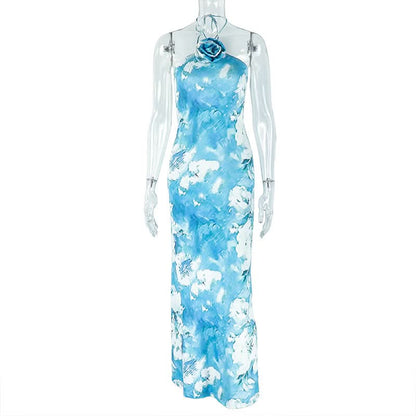Halter flower applique contrast maxi dress