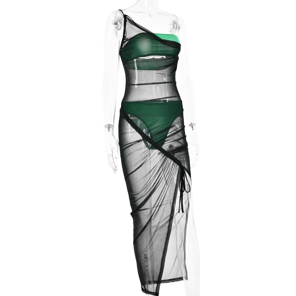 Drawstring mesh one shoulder 3 piece tube short pant set