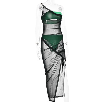 Drawstring mesh one shoulder 3 piece tube short pant set