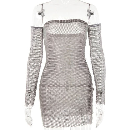 Beaded fishnet tube mini dress