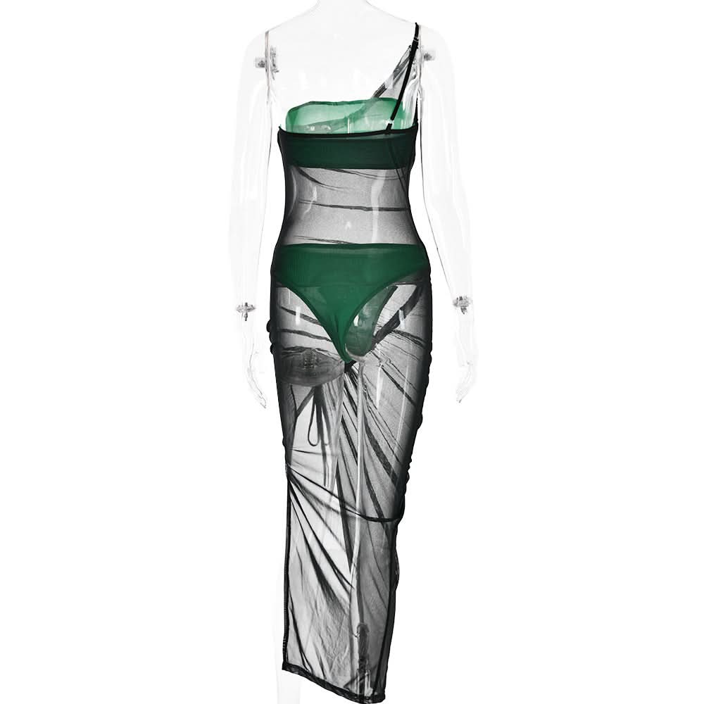 Drawstring mesh one shoulder 3 piece tube short pant set
