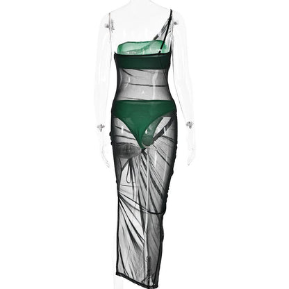Drawstring mesh one shoulder 3 piece tube short pant set