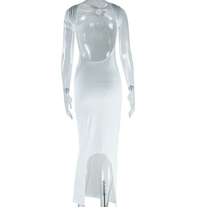 O ring ruched backless maxi dress