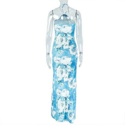 Halter flower applique contrast maxi dress