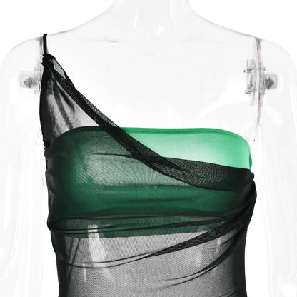 Drawstring mesh one shoulder 3 piece tube short pant set