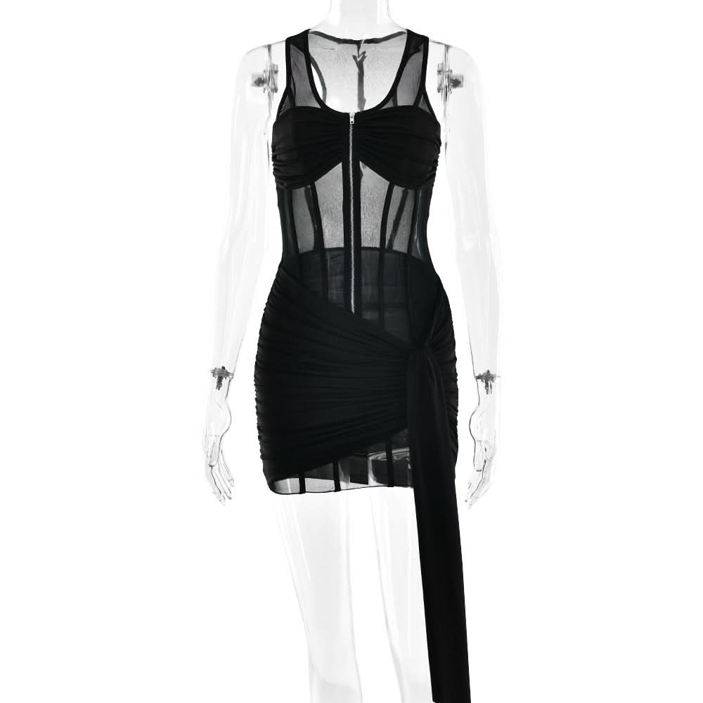 Zip-up corset mesh ruched tank mini dress