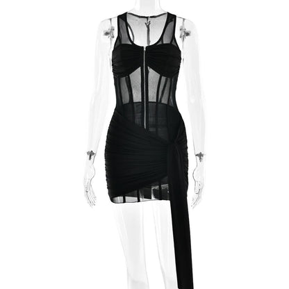 Zip-up corset mesh ruched tank mini dress