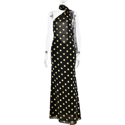 Halter polka dot backless self tie maxi dress