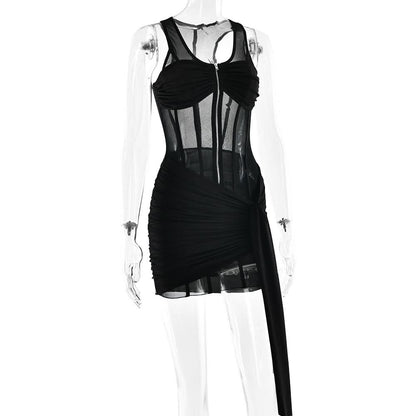 Zip-up corset mesh ruched tank mini dress