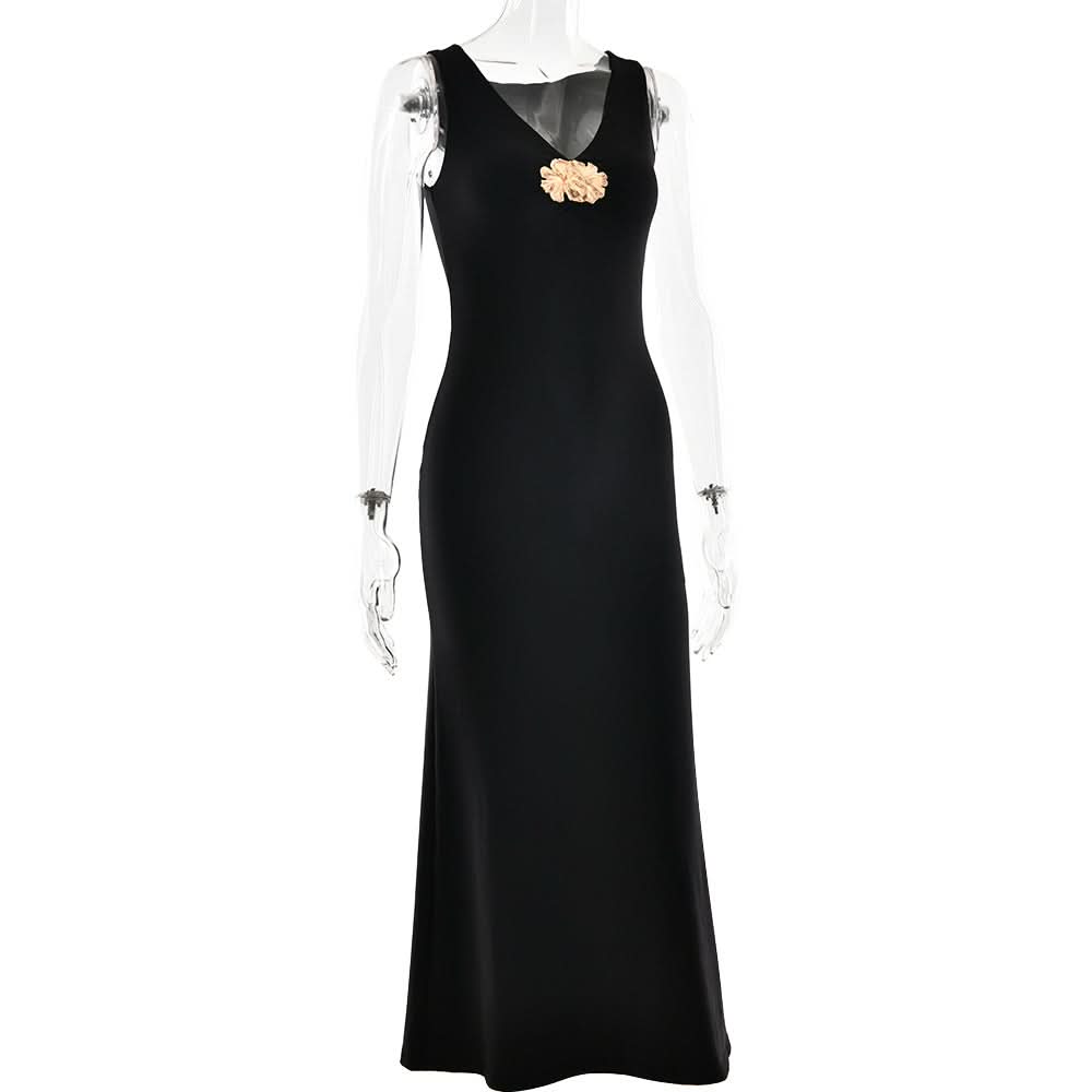 V neck sleeveless flower applique maxi dress