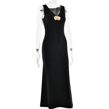 V neck sleeveless flower applique maxi dress