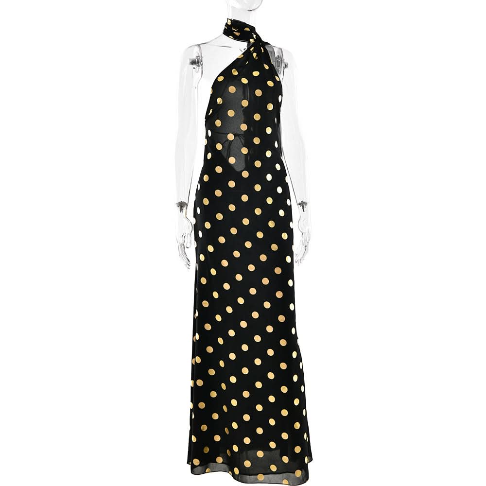 Halter polka dot backless self tie maxi dress