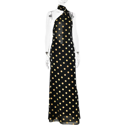 Halter polka dot backless self tie maxi dress
