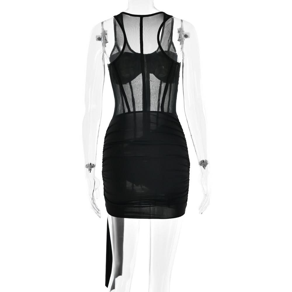 Zip-up corset mesh ruched tank mini dress