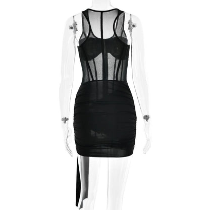 Zip-up corset mesh ruched tank mini dress