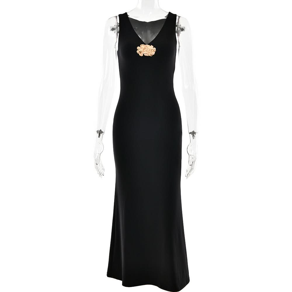 V neck sleeveless flower applique maxi dress
