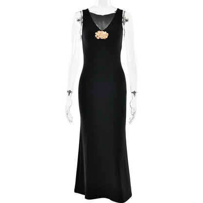 V neck sleeveless flower applique maxi dress