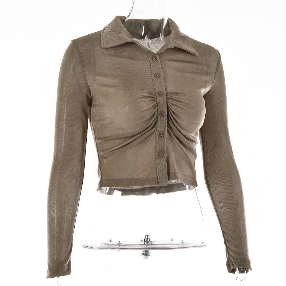Turnover collar long sleeve ruched button crop top