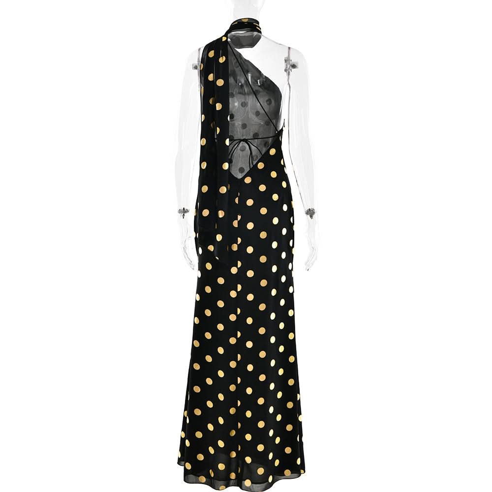 Halter polka dot backless self tie maxi dress