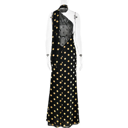 Halter polka dot backless self tie maxi dress