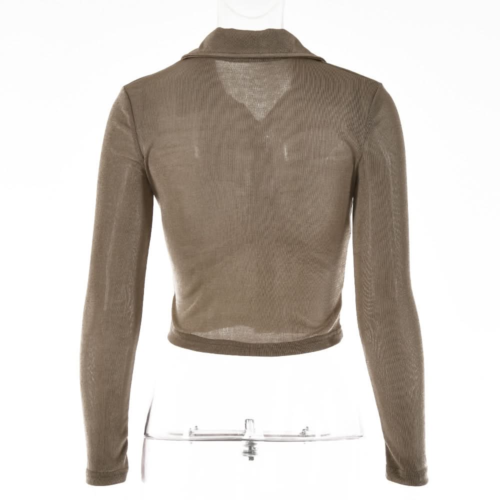 Turnover collar long sleeve ruched button crop top