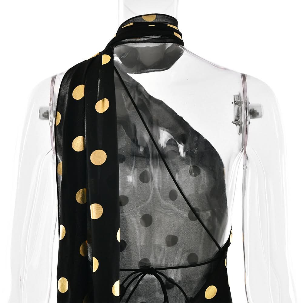 Halter polka dot backless self tie maxi dress