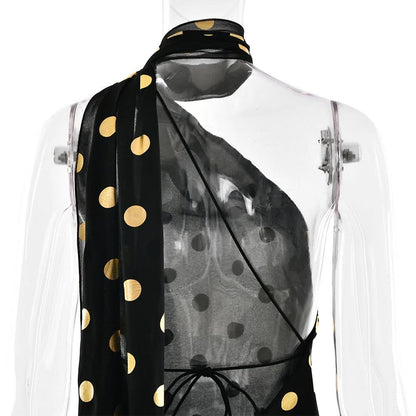 Halter polka dot backless self tie maxi dress