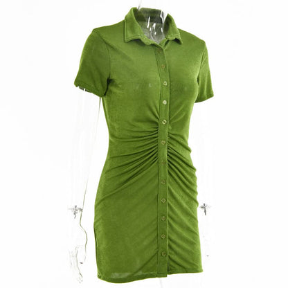 Turnover collar short sleeve ruched button mini dress