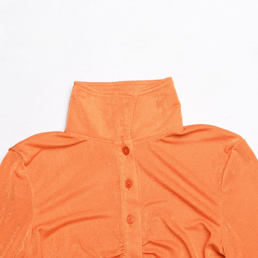 Turnover collar long sleeve ruched button crop top
