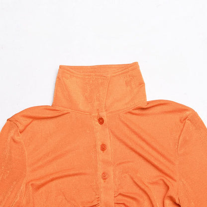 Turnover collar long sleeve ruched button crop top
