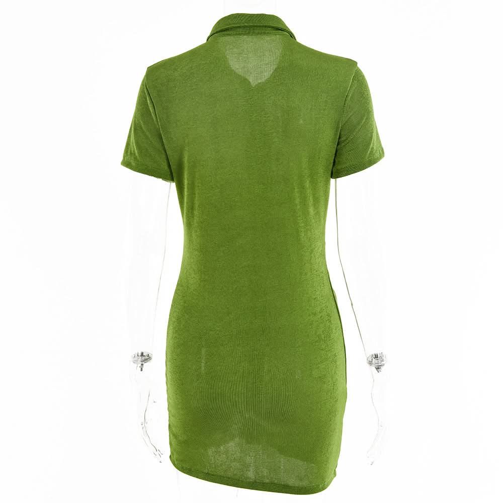 Turnover collar short sleeve ruched button mini dress