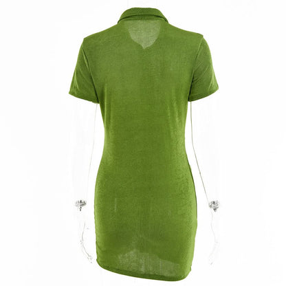 Turnover collar short sleeve ruched button mini dress