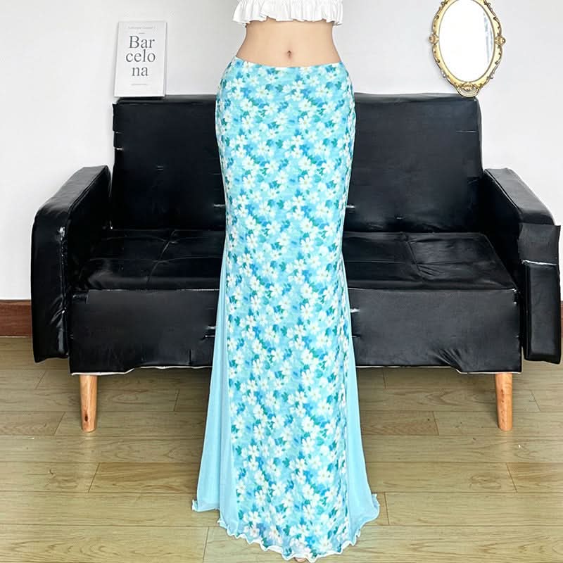 Flower print mesh patchwork ruffle maxi skirt