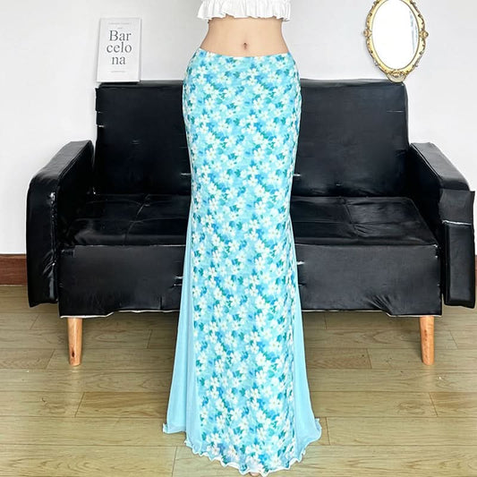 Flower print mesh patchwork ruffle maxi skirt