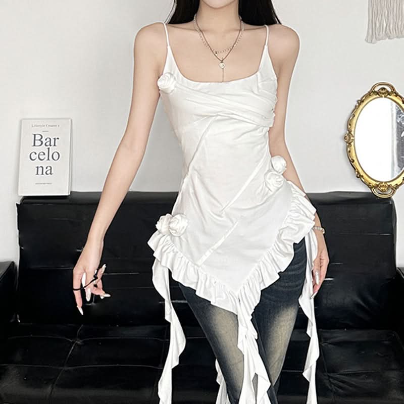 Flower applique ruffle irregular cami top