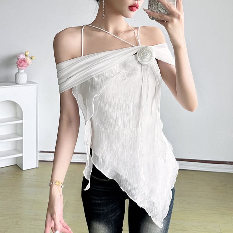 Off shoulder flower applique irregular top