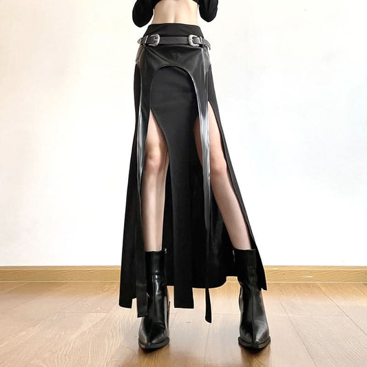 PU leather patchwork belt high slit skirt