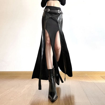 PU leather patchwork belt high slit skirt