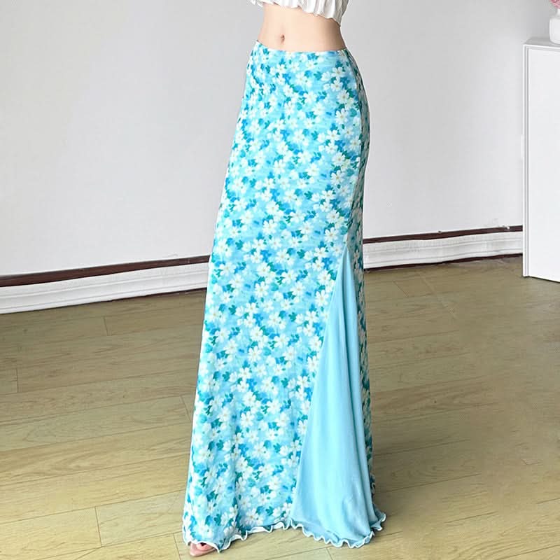Flower print mesh patchwork ruffle maxi skirt