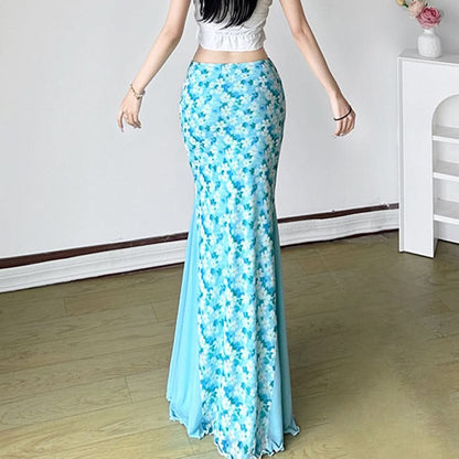 Flower print mesh patchwork ruffle maxi skirt