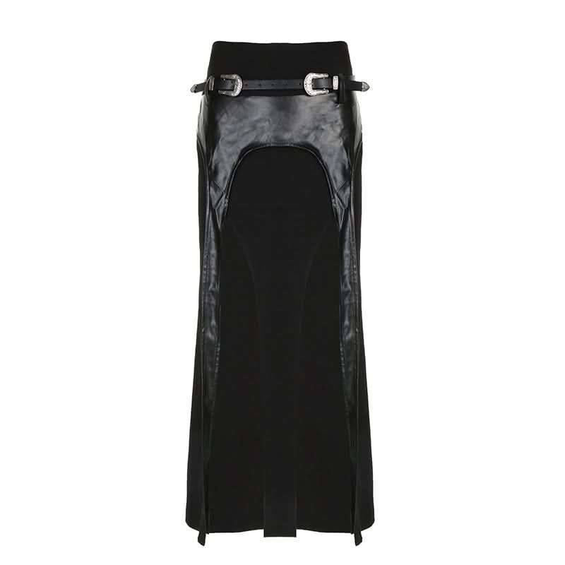 PU leather patchwork belt high slit skirt