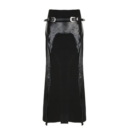 PU leather patchwork belt high slit skirt