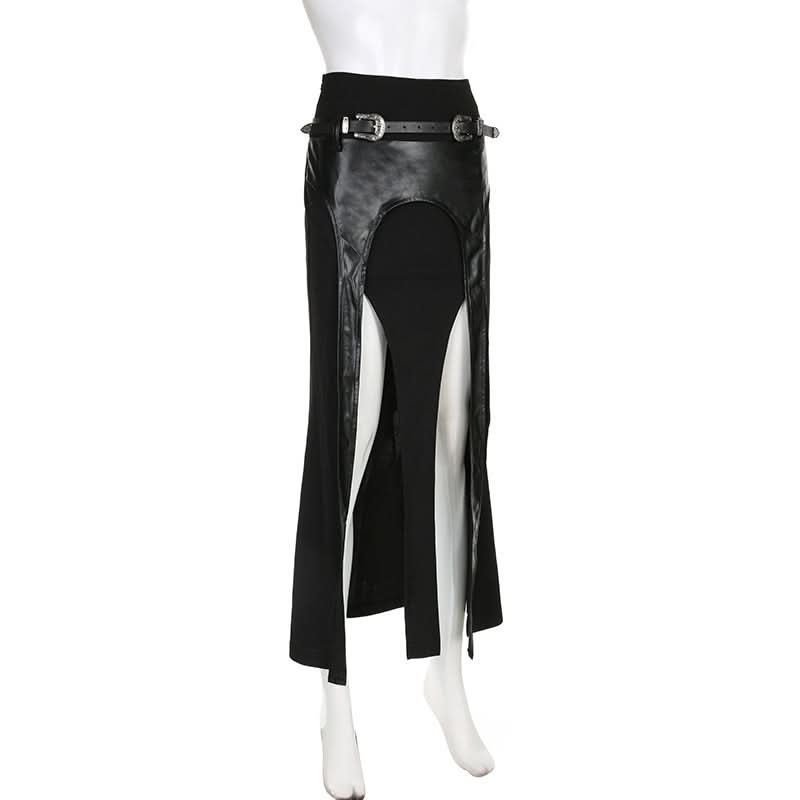 PU leather patchwork belt high slit skirt