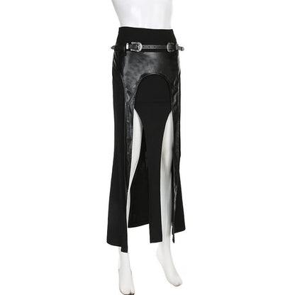 PU leather patchwork belt high slit skirt