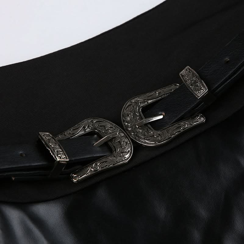 PU leather patchwork belt high slit skirt