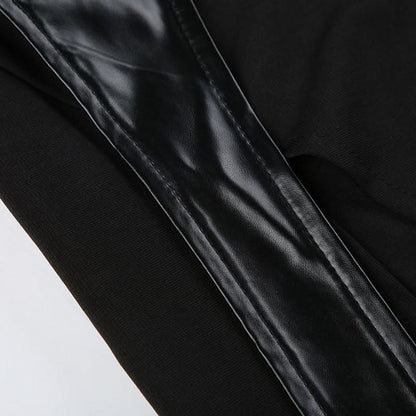 PU leather patchwork belt high slit skirt