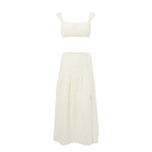 Square neck button slit crop maxi skirt