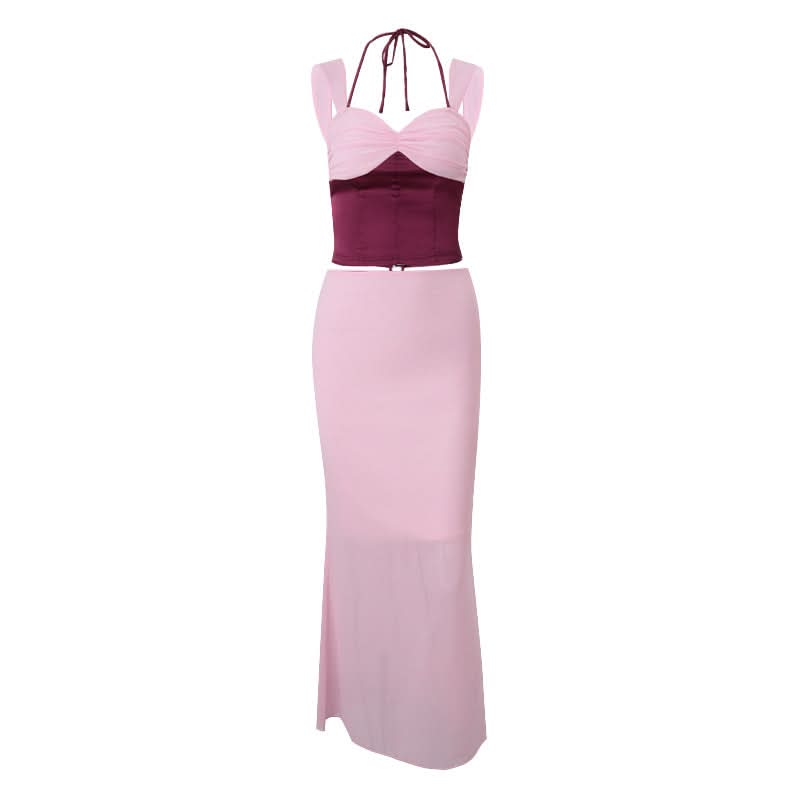 Halter corset lace up slit maxi skirt set
