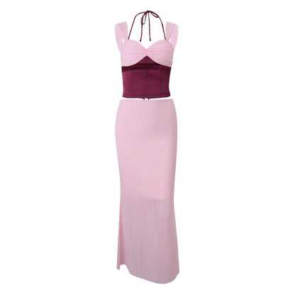 Halter corset lace up slit maxi skirt set