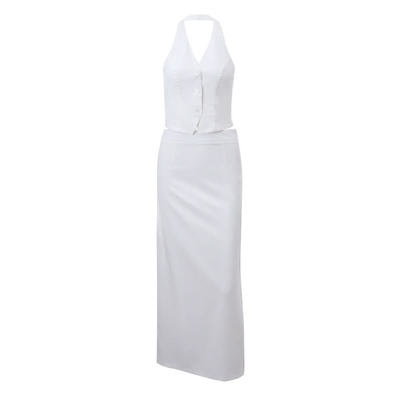 Halter v neck button knotted maxi skirt set
